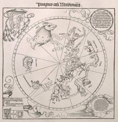 Map of the Southern Sky, with representations of constellations, decorated with the crest of Cardinal Lang von Wellenburg, and a dedication to him with his coats of arms and the Imperial copyright by Albrecht Dürer